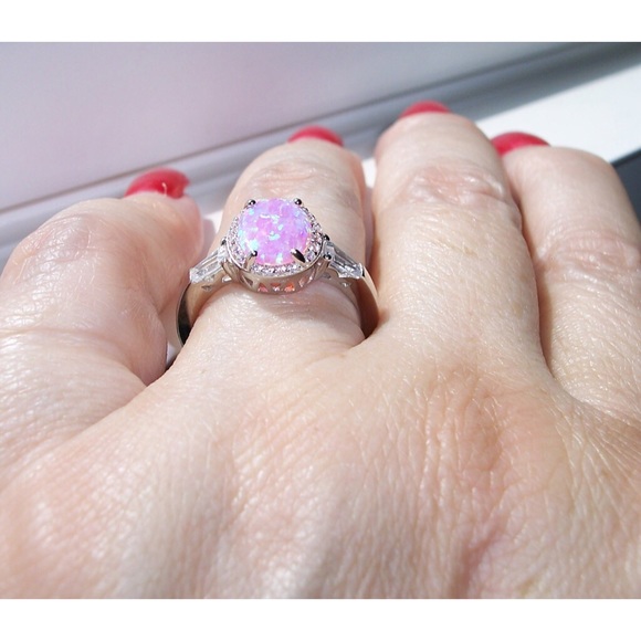 925 STERLING SILVER Lab Created Pink Opal CZ Ring - Picture 5 of 16
